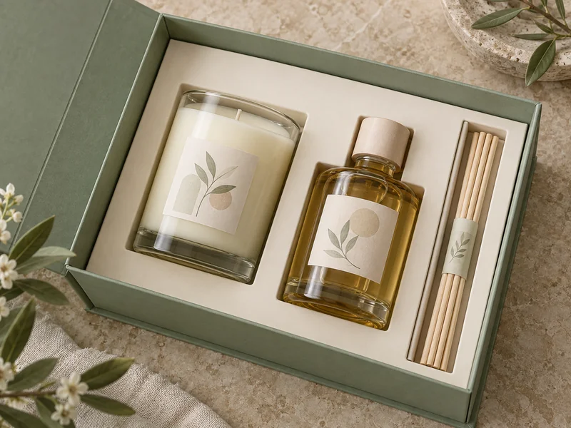 An open sage gift box with a candle diffuser bottle and reeds