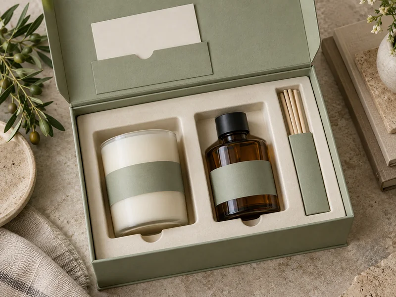 A coordinated candle and diffuser box with a card pocket and separate reed sleeve