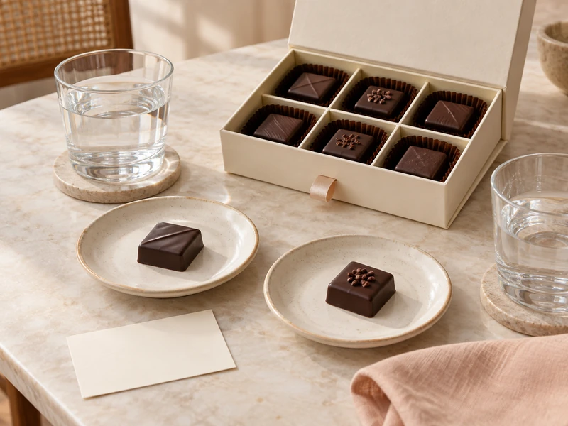 Open Chocolate Gift Box Beside Two Tasting Plates and Water Glasses