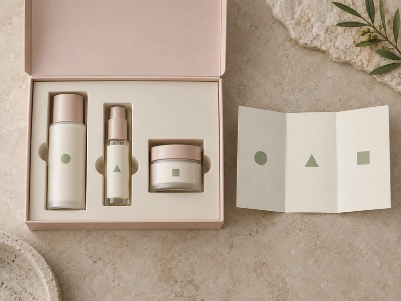 A cosmetic gift box with separate product spaces and a matching three panel guide