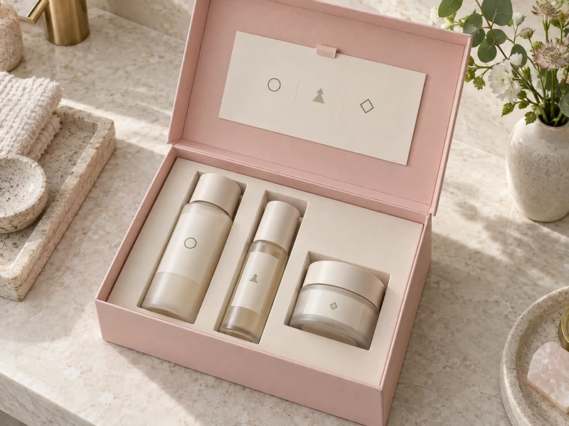 An open blush cosmetic gift box with three coordinated products and a routine card