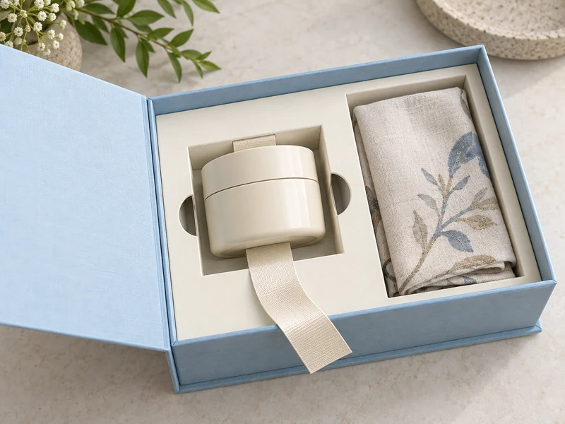 An open gift box with finger access cutouts and a broad lifting ribbon beside a jar An open gift box with finger access cutouts and a broad lifting ribbon beside a jar