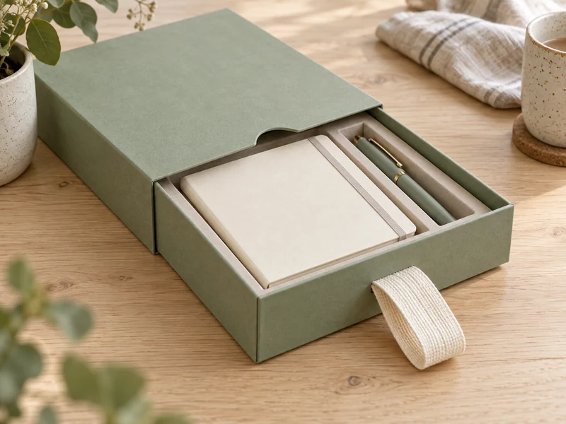 A sage drawer gift box with a wide ribbon loop and a visible opening notch