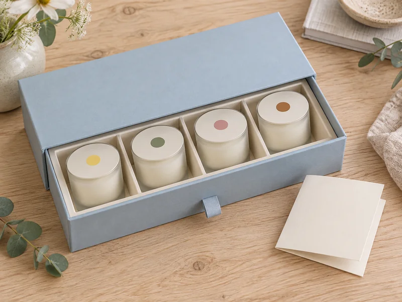 Four mini candles arranged in a pastel blue drawer gift box