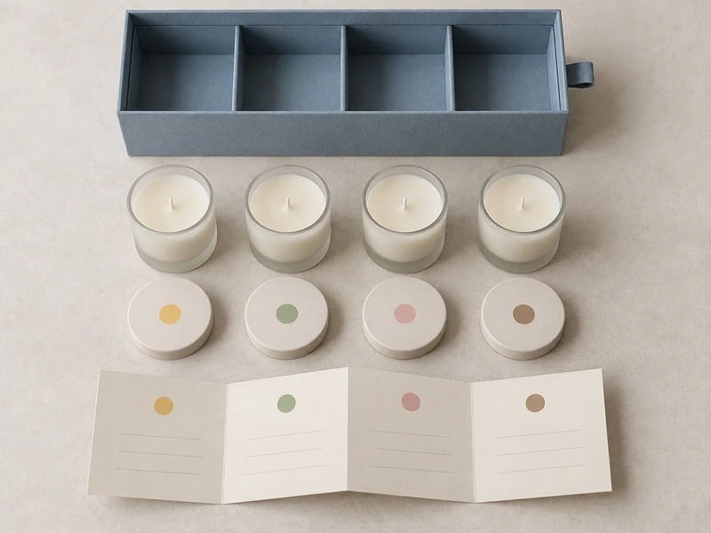 Four unlit mini candles with matching lids and an accordion scent guide Four unlit mini candles with matching lids and an accordion scent guide