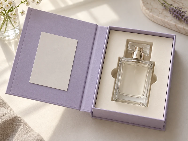 Open Lavender Perfume Box With a Paperboard Bottle Cradle