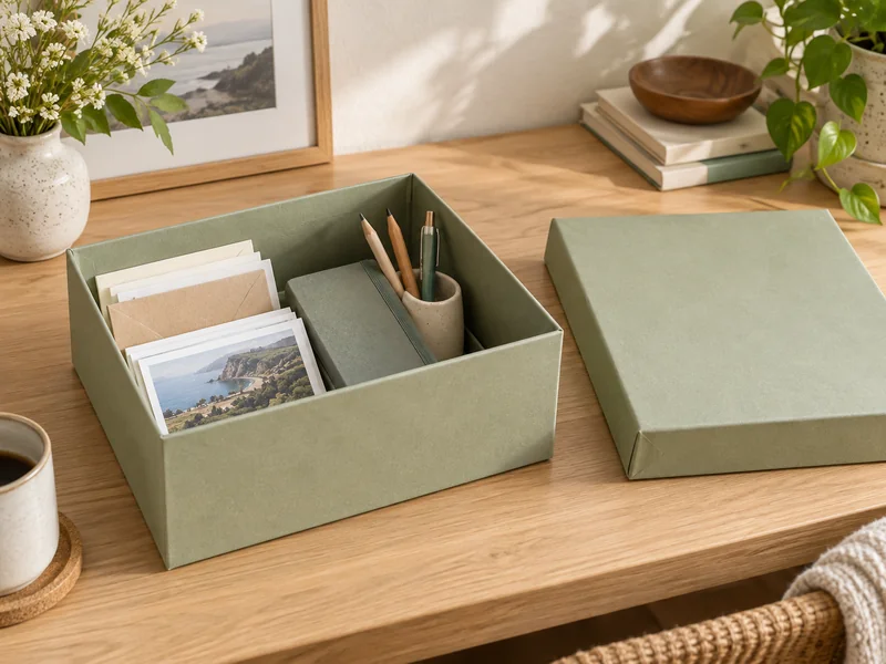 Sage Rigid Gift Box Reused to Organize Stationery on a Wooden Desk
