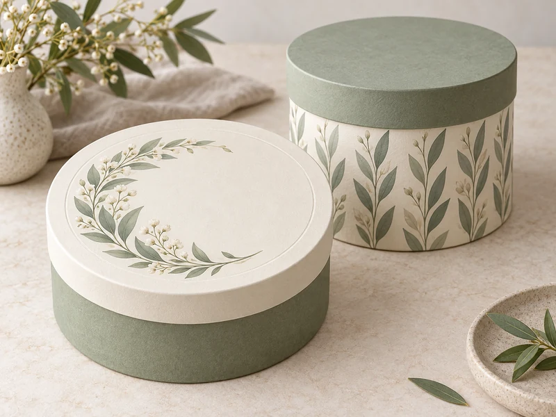 Round gift boxes with a botanical lid design and a repeating sidewall pattern