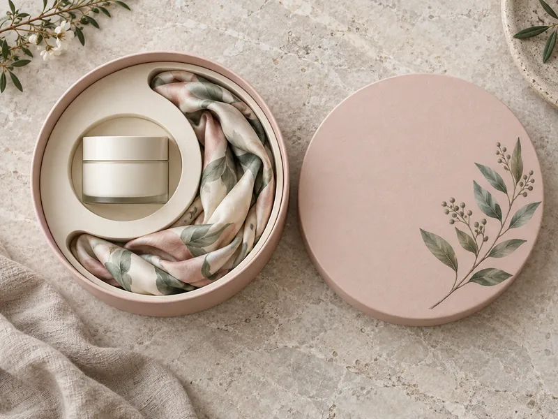 An open round gift box with a cream jar and scarf arranged in curved compartments An open round gift box with a cream jar and scarf arranged in curved compartments