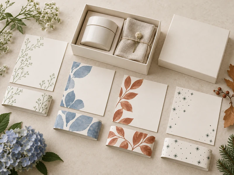 An open ivory gift box beside four seasonal cards and matching paper bands An open ivory gift box beside four seasonal cards and matching paper bands