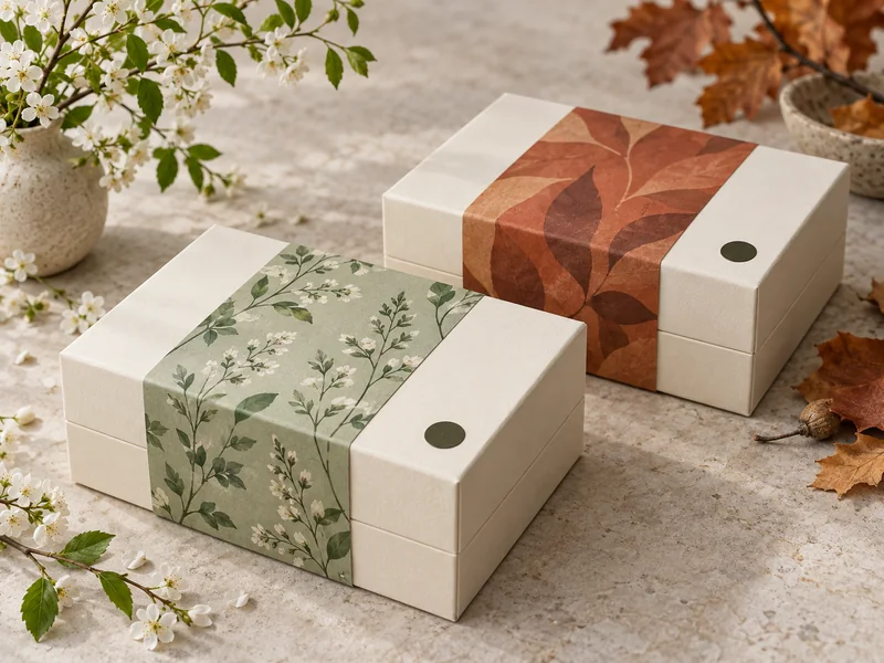 Ivory gift boxes with botanical spring and terracotta autumn paper bands