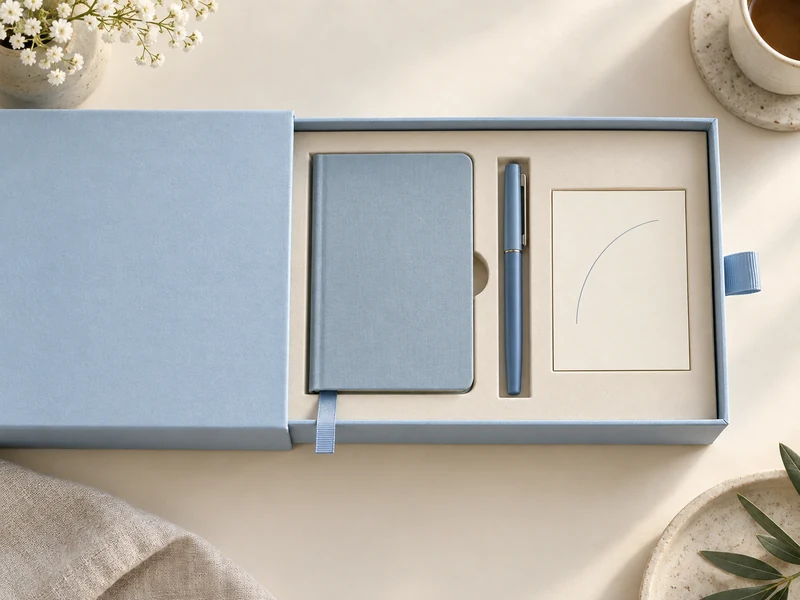 A blue drawer stationery box with a notebook pen and illustrated prompt card A blue drawer stationery box with a notebook pen and illustrated prompt card