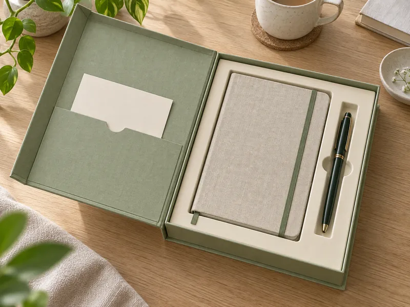 An open sage stationery gift box with a notebook pen and invitation card