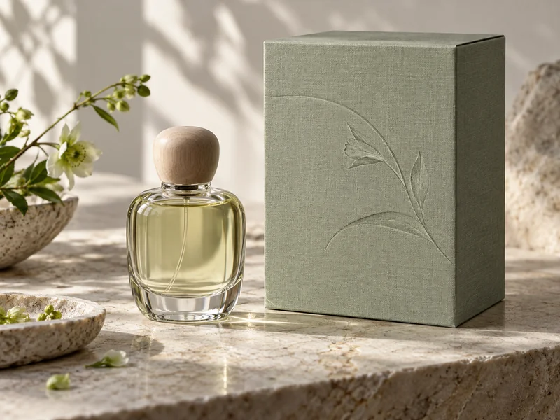 Sage Perfume Gift Box With Linen Texture and Embossed Detail