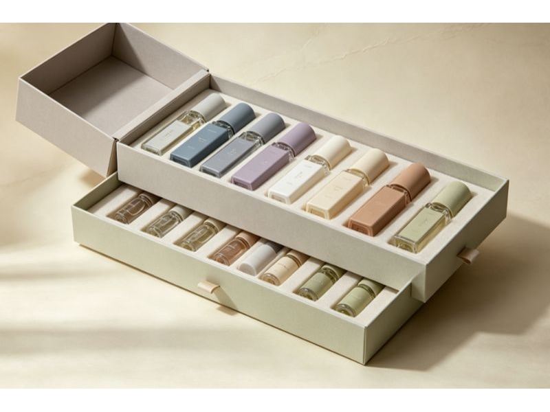 Miniature perfume packaging examples for a coordinated product range