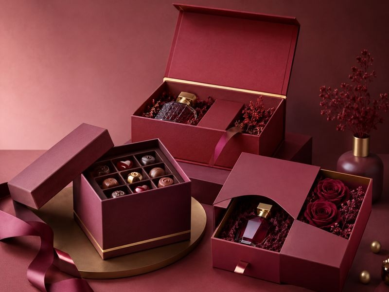 Red rigid gift boxes showing coordinated wrap colour