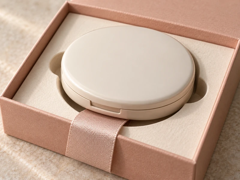 Ivory cosmetic compact with a wide blush lifting ribbon