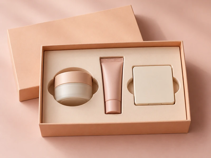 Peach beauty gift box with finger recesses beside a jar and compact