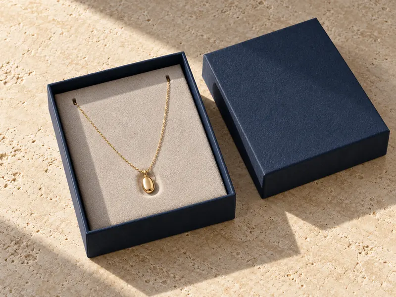 Navy necklace box with a gold pendant on a pale insert