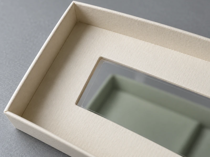 Inside a rigid box lid showing the window frame and clear film overlap